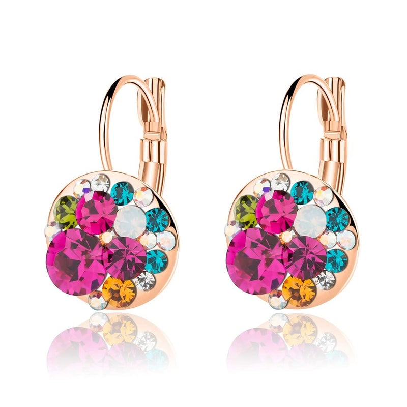 EVEVIC Multicolored Austrian Crystal Drop Earrings for Women 14K Gold Plated Leverback Dangle Hoop Earrings (Rose Main Crystal/Rose Gold-tone) - Image 1